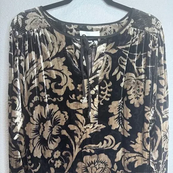 Anthropologie Faustine Velvet Floral Peasant Blouse L Boho Smocked Top - Picture 4 of 14